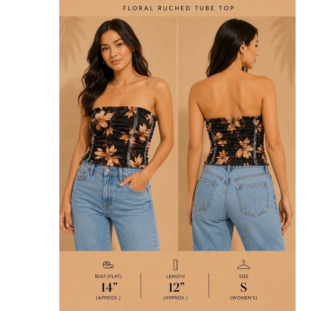 Free People Floral Smocked Ruched Tube‎ Top Black Gold OB1122719 Medium NWT